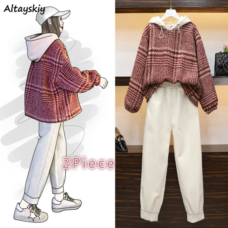 Women Sets 2 Piece Red Plaid Hoodies Loose Leisure Hooded Sweatshirts Harajuku Elastic Waist Pants All-match Female Oversize New |