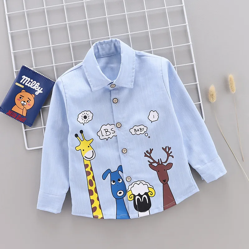 Children Spring And Autumn Childrenswear BOY'S Shirt Baby Casual Tops Cartoon Giraffe Shirt Spring Clothing Thin Fold-down Colla