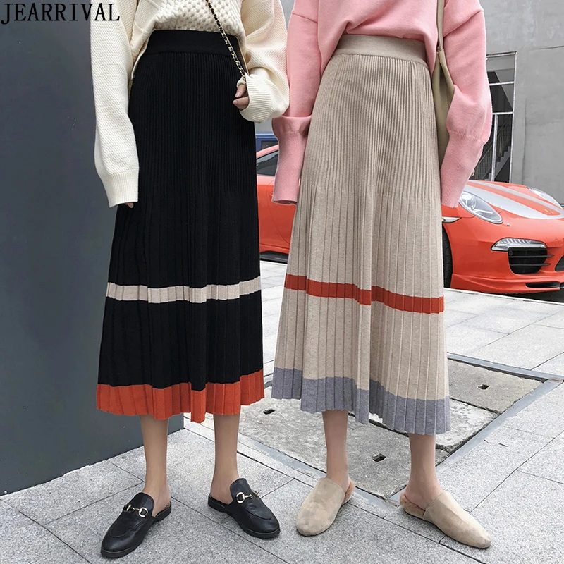 New Autumn Winter Warm Pleated Skirts Womens High Waist Contrast Color Knitted Midi Skirt Korean Style Ladies A Line Skirt Falda
