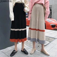 New Autumn Winter Warm Pleated Skirts Womens High Waist Contrast Color Knitted Midi Skirt Korean Style Ladies A Line Skirt Falda