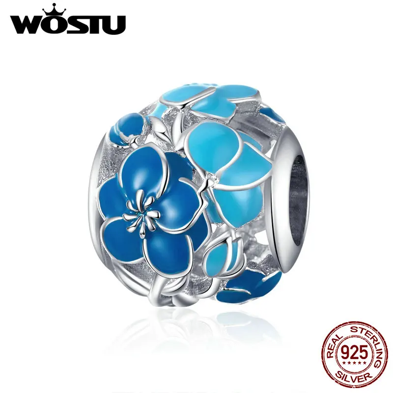 

WOSTU Blue Blossom Flower Beads 100% 925 Sterling Silver Charm Fit Original Bracelet Pendant Silver DIY Jewelry Making CTC087