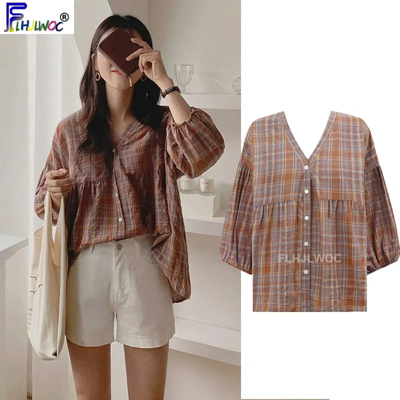 

Autumn Basic Shirts Blouses Women Korea Japan Style Design Top V Neck Preppy Style Girls Cotton Red Plaid Shirt Vintage 8515
