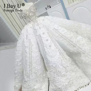 شراء100% الصورة الفعلية الفاخرة فستان الزفاف 2020 ثلاثية الأبعاد الدانتيل كرة زهرية ثوب لامعة حجر فستان زفاف
