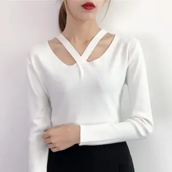 

Fashion Women 2019 V Neck Sweaters Autumn Winter Long Sleeve Sexy Slim Tops Solid Streetwear Knitted Korean Pullovers