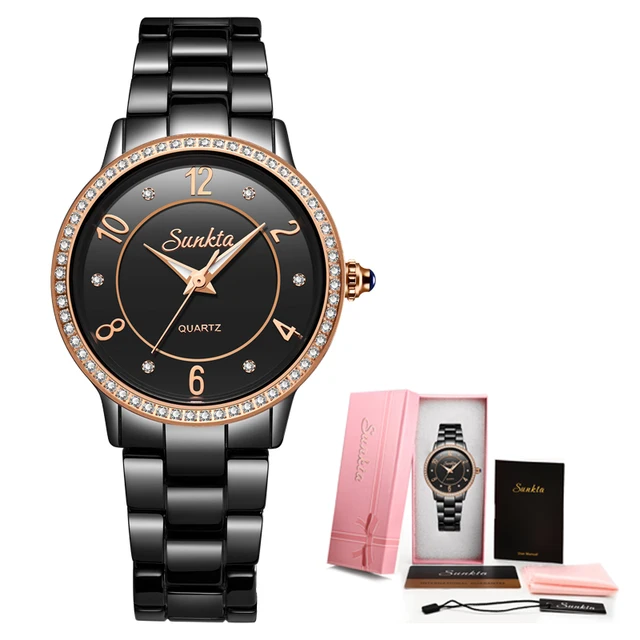 SunKta Luxury Rose Gold Black Ceramic Waterproof Watches Woman Classic Series Ladies Watch Top Quality Ladies