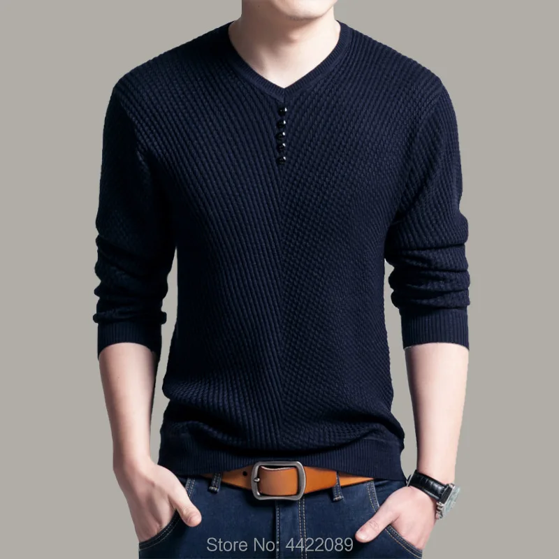 New Autumn Winter Men V-Neck Button Pullover Sweater Solid Slim Fit Long Sleeve Homme Sweater Mens Knitted Sweaters