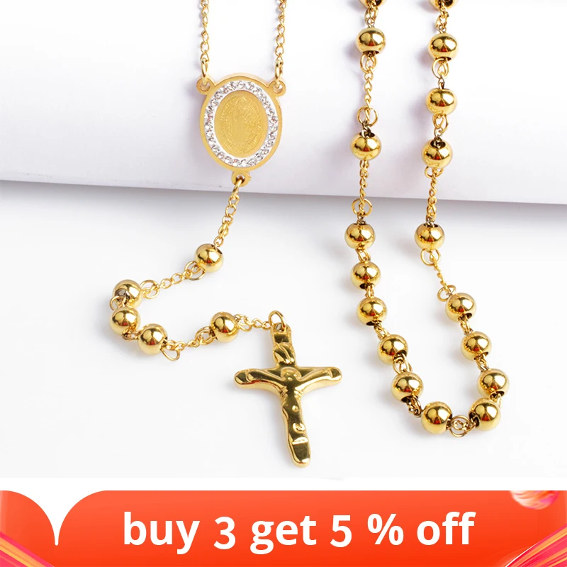 2018 New FINE4U N052 Cross Pendant Necklace For Men Women 316L Stainless Steel Rosary Beads Necklace Religious Jewelry