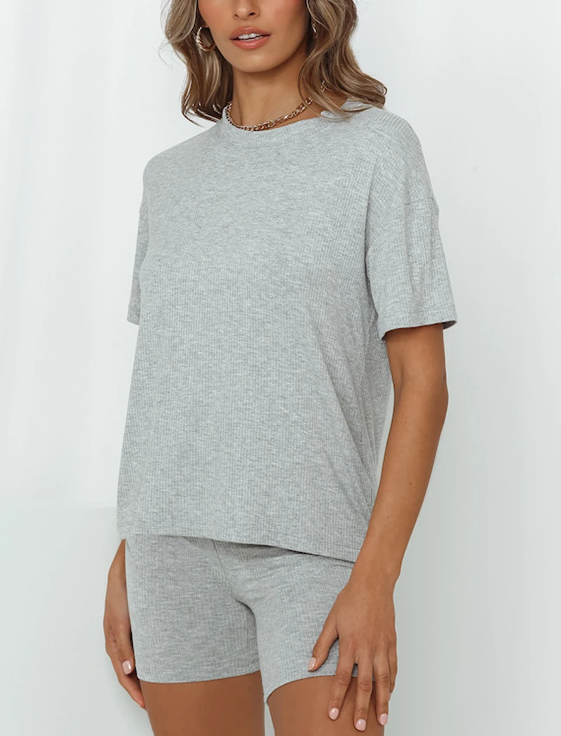 Aachoae Solid 2 Piece Set Women Summer Batwing Sleeve Casual Sports T Shirt+Bodycon Biker Shorts Set Tracksuit Sportswear Suit