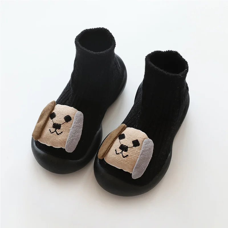 Black puppy Хлопковые нескользящие носки для малышей теплые зимние противоскользящие носки для новорожденных мальчиков и девочек новые носки с резиновой подошвой для малышей - Цвет: Black puppy