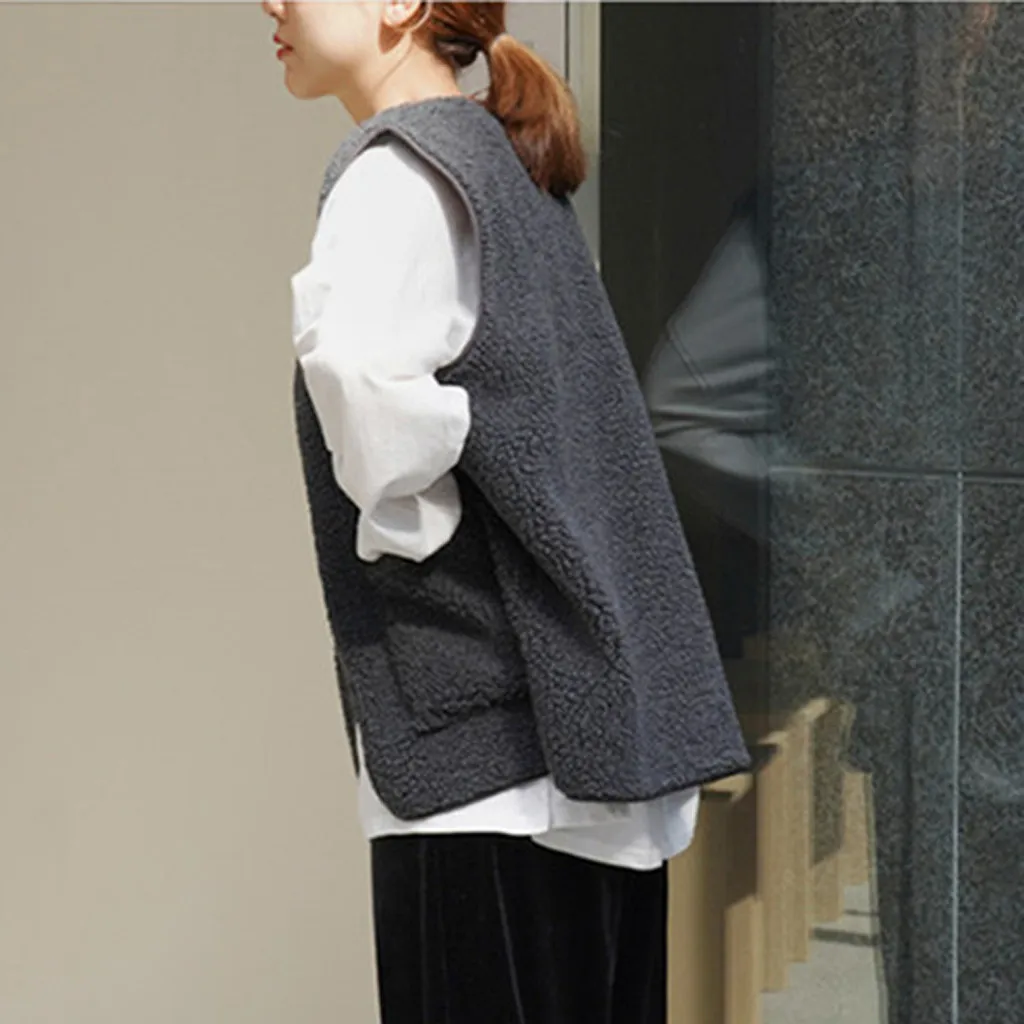 SAGACE Fashion Women Sleeveless Jackets Coats Solid Buttons Pockets Sleeveless Winter Cute Jacket Coat Plush Vest Soft Overcoat