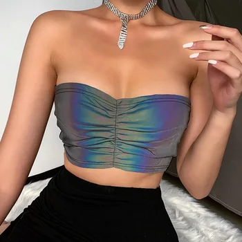 

2020 Fashion Europe American Spring Sexy Women Black Strapless Radium Reflect Backless Sexy Party Club Wear Crop Top