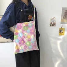 Повседневная сумка на плечо из овечьей шерсти, большая вместительность, простая сумка для покупок, милая плюшевая сумка с цветочным принтом, складные сумки-мессенджеры для девочек