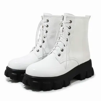 

2020 Fashion Patent Leather Ankle Boots Spring Autumn Women Boots Thick Low Heel Platform Boots Lace Up Winter Plush Shoes Woman