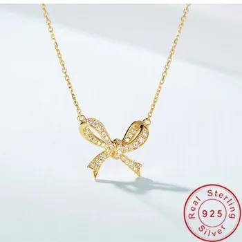 

18K Gold Bowknot Lab Diamond cz Pendant Real 925 Sterling Silver Party Wedding Pendants Necklace For Women Gemstones Jewelry