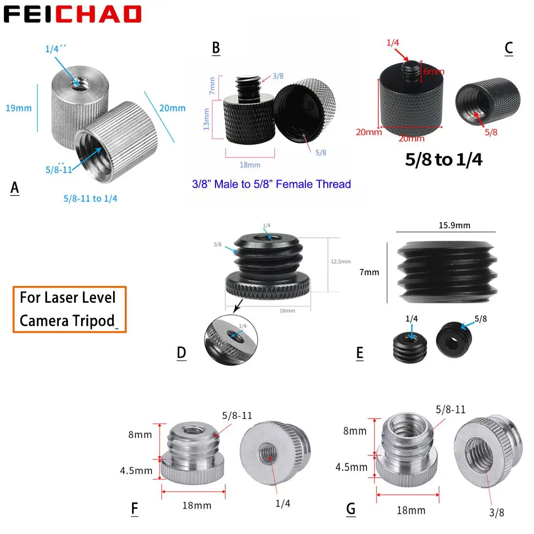1Pc 1/4 3/8 to 5/8"-11 Female Male Threaded Screw Mount Adapter Laser Level Tripod Converter SLR Camera Studio Accessories,camera screw mount