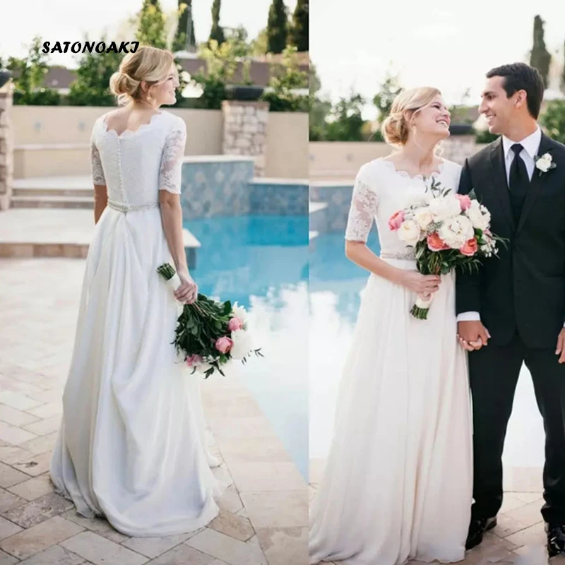 

SATONOAKI Chiffon Wedding Dress 2019 Robe De Mariee See Through Lace Top Wedding Gowns Sash Princess Bride Dress Custom Made