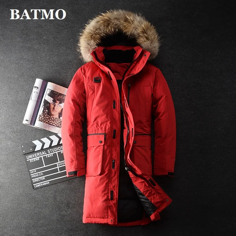 BATMO Новое поступление зимние высококачественные толстые белые куртки с капюшоном на утином пуху мужские пальто с меховым воротником из енота 285