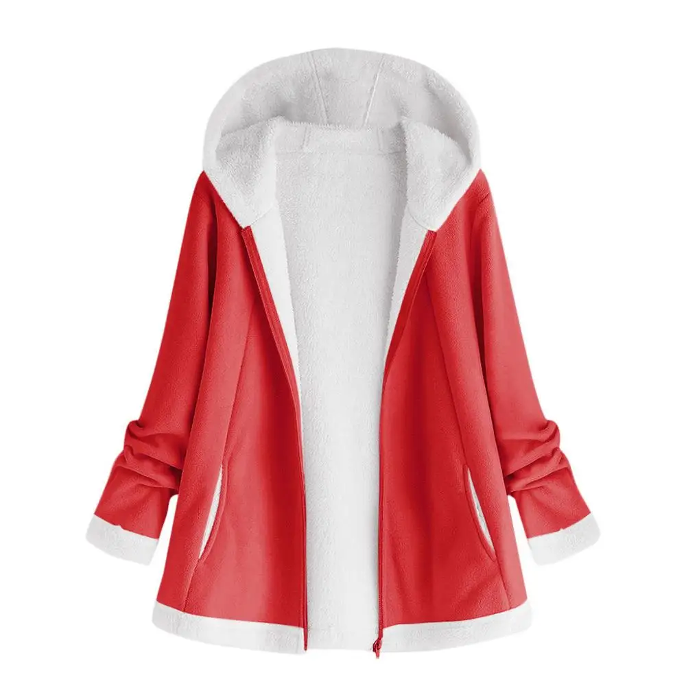 Женская Осенняя куртка, зимняя теплая однотонная плюшевая толстовка с капюшоном, модная куртка с карманами на молнии, длинная одежда с рукавами, манто для женщин размера плюс 5XL - Цвет: Красный