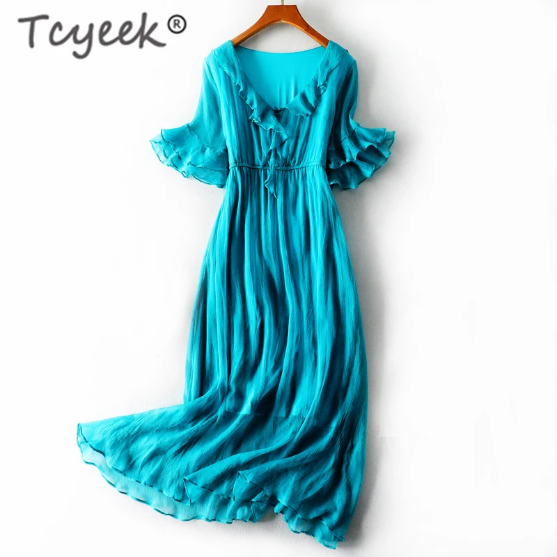 Tcyeek Zomer Jurk 100% Echte Zijde Jurk Vrouwen Kleding 2019 Boho Ruches Maxi Jurken Vinatge Elegante Dames Vneck Vestido 98005