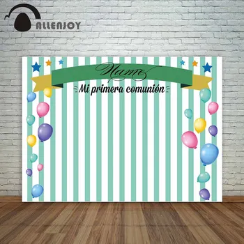 

Allenjoy First Holy Communion Backdrop Green Stripes Balloons Ribbon Photo Background Baby Shower Home Decoration Party Supplies