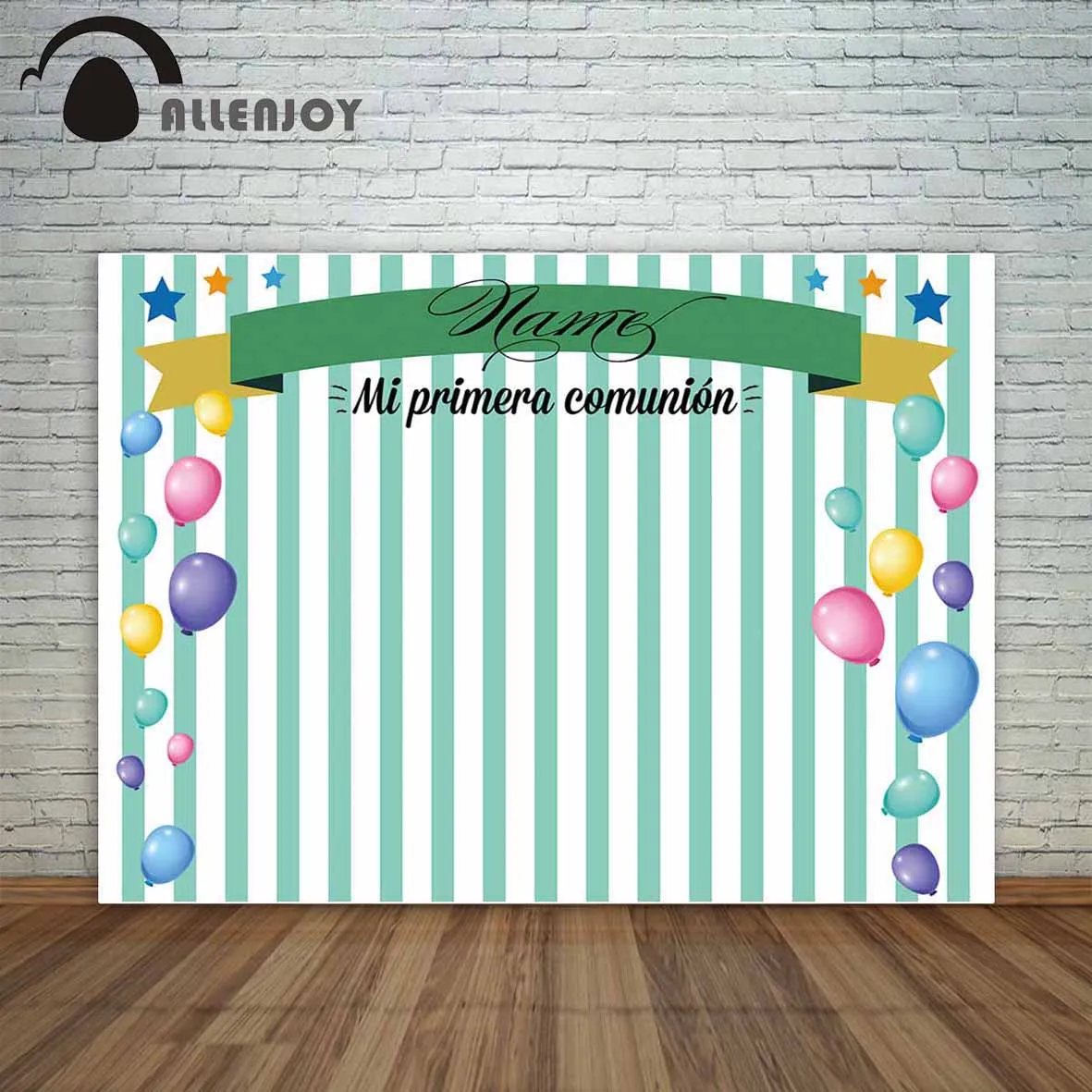 Фон Allenjoy для Первого Святого Причастия с зелеными полосками и воздушными шарами