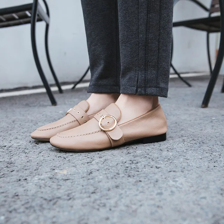 

Leather Shoes Women Flat Loafers Full-grain Leather Loafers Slip-on Spring And Autumn New Style round Buckle Versatile Fashion