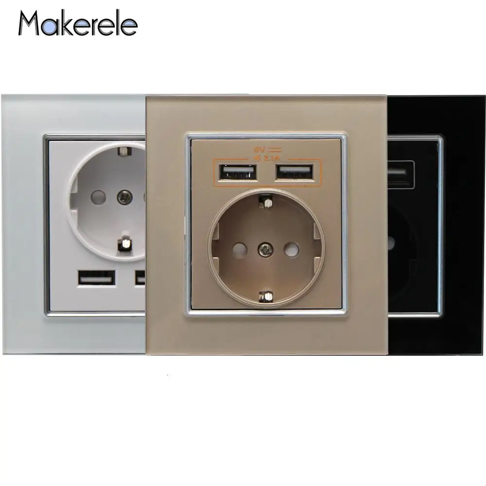 16A EU Standard Wall Power Socket Dual USB Charger Port For Mobile Adapter Outlet PC Stainless Steel Brushed Aluminum Panel Plug