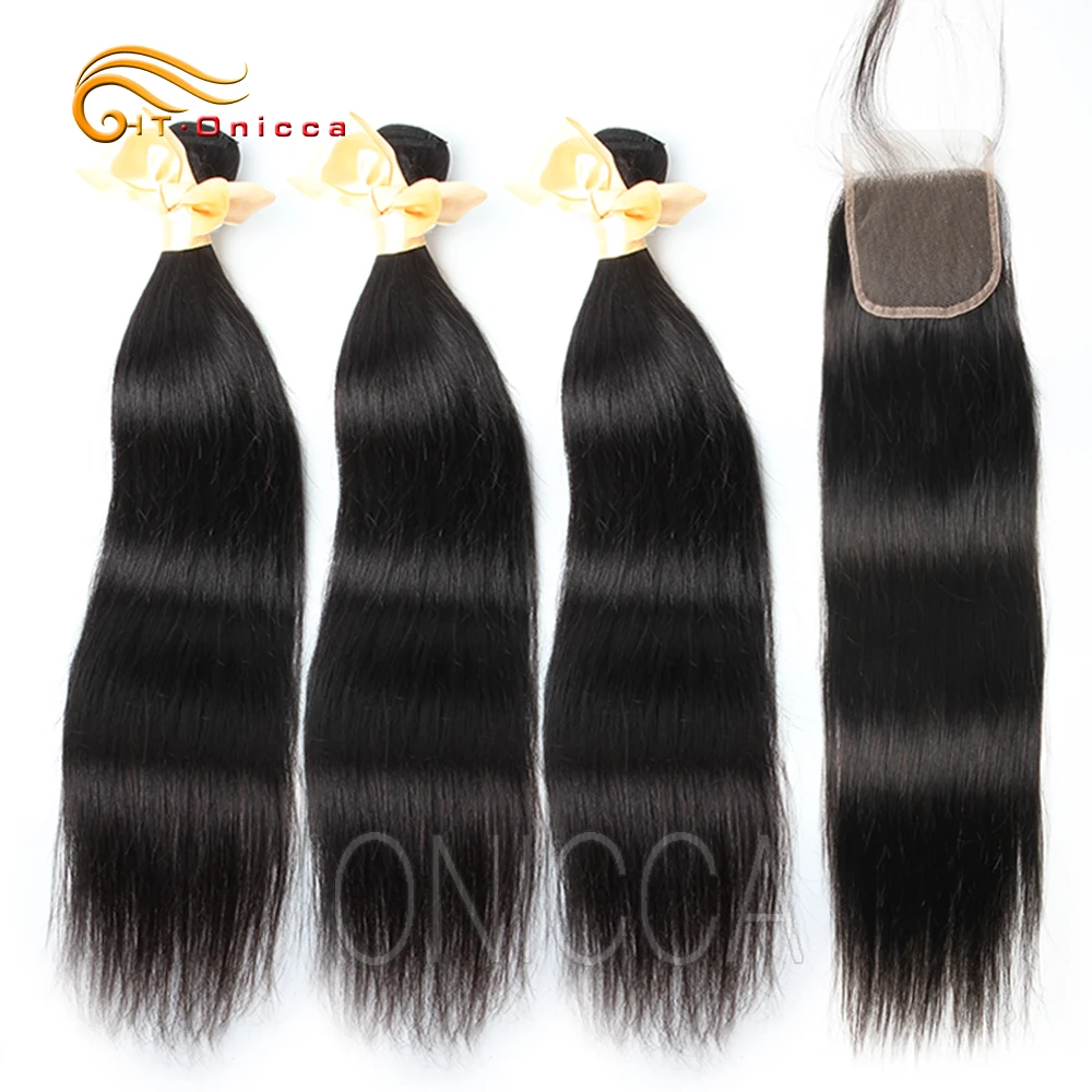 

Htonicca Brazilian Straight Hair Bundles With Closure Natural Color 3 Bundles With Lace Closure Remy Human Hair Extensions