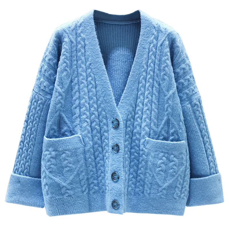 

2019 New Product Long and Attractive Student Academic Style Diamond Thickened Twist Sweater Cardigan Jacket Woman Clothing