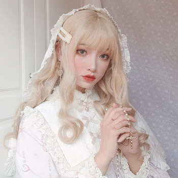 

AILIADE Lolita Long Wigs Blonde Glueless Curly Wave 28inches With Bangs Nature Synthetic Heat Resistant Cosplay Hair For Party