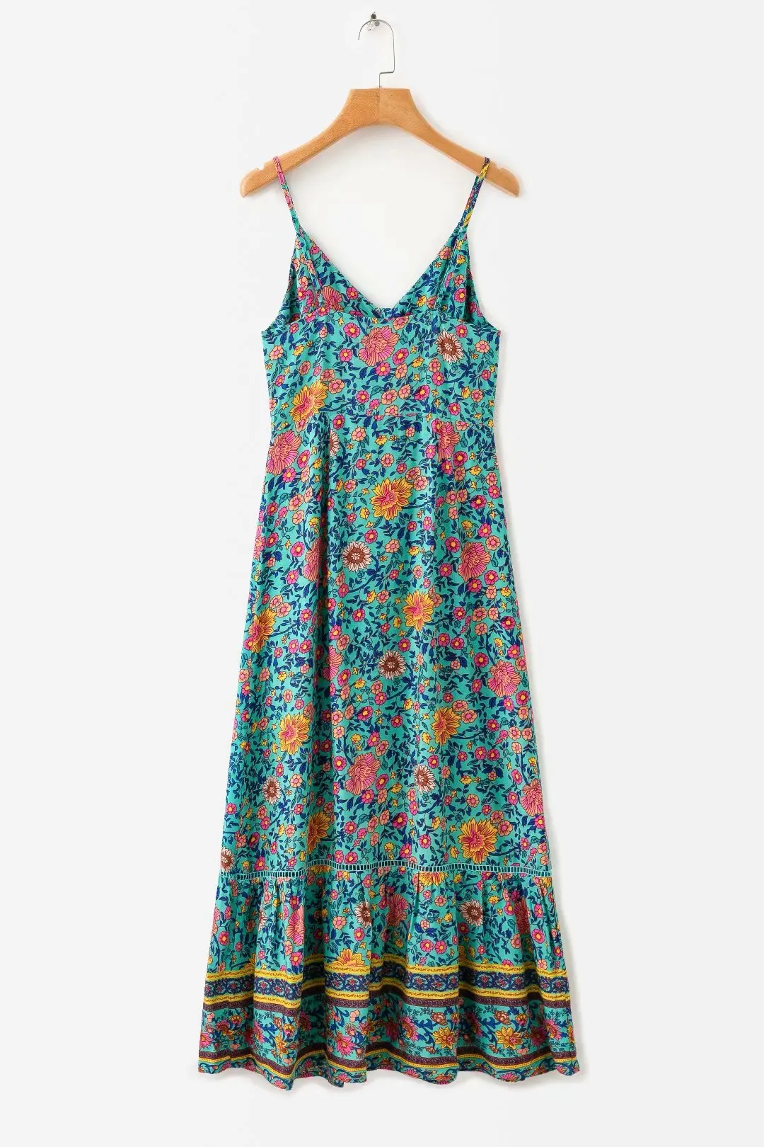 

Western Style 2019 Spring And Summer Camisole V-neck Cotton Printed Dress Lace Joint Front Buckle Dress Women's