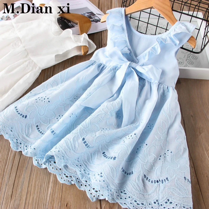 Детские платья для девочек; одежда с оборками и бантом на завязках; Детские платья без рукавов с вышивкой; детская одежда; платье с вырезом лодочкой