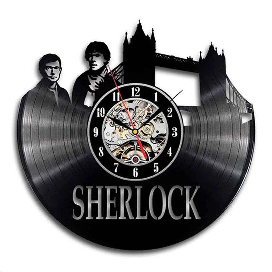 

Sherlock Holmes Vinyl Record Wall Clock Modern Design Detective Stories Movie Theme Black Hollow Clocks Wall Watch Home Decor