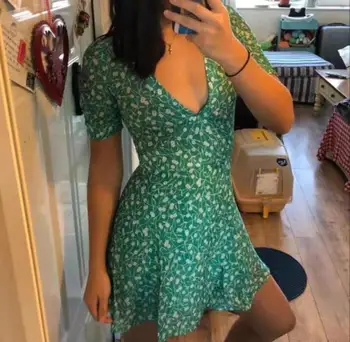 

Elegant retro Women dress floral print V-neck slim short sleeve mini dress