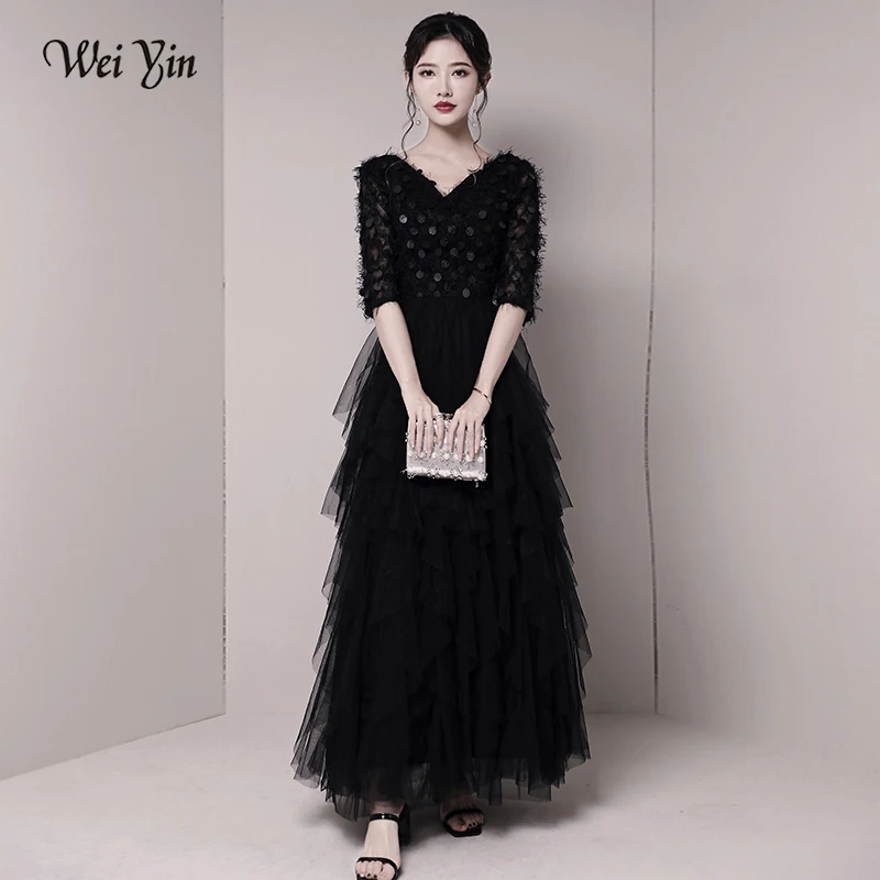 AE0138 wei yin вечернее платье с коротким рукавом 2019 черные вечерние платья с v-образным вырезом и пайетками вечерние платья длиной до пола robe de