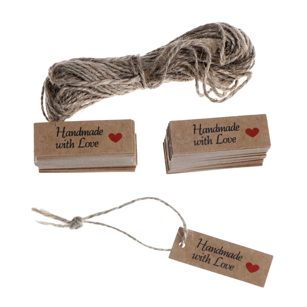 100PCS DIY Paper Tags+10Meters Rope Paper Card Tag Labels Crafts Lovely Handmade With Love Party Favors Party Acc