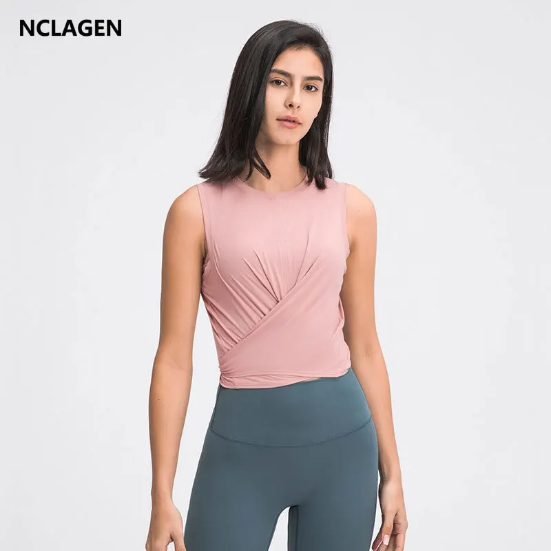 Nclagen 2021 Yoga Vest Women Elastic Gym Solid Color Cross Front