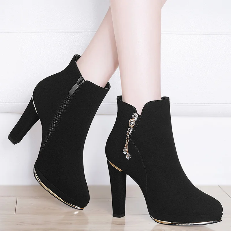 

WOMEN'S Shoes round-Toe Thin Heeled Leather Boot Side Zipper Metallic Decoration High Heel Shoes plus Velvet Fashion Shoes Gucci