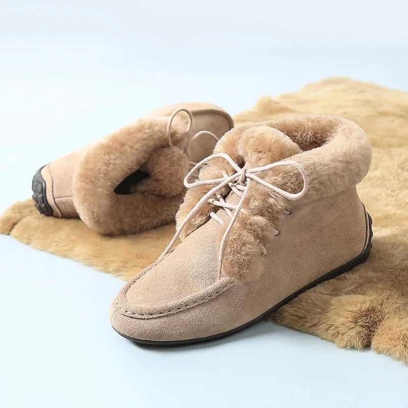 Tanie SWYIVY śniegowe buty zimowe ciepłe krowy zamszowe sznurowane mieszkania Warterproof wysokiej jakości futrzane botki duże rozmiary kobiece płaskie buty