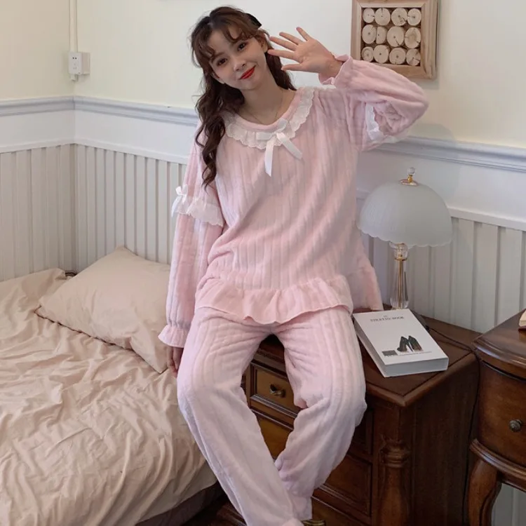 

Women's Sleep solid color sweet and loose long-sleeved cardigan pajamas two-piece Comfortable Warm homewear JJF0037
