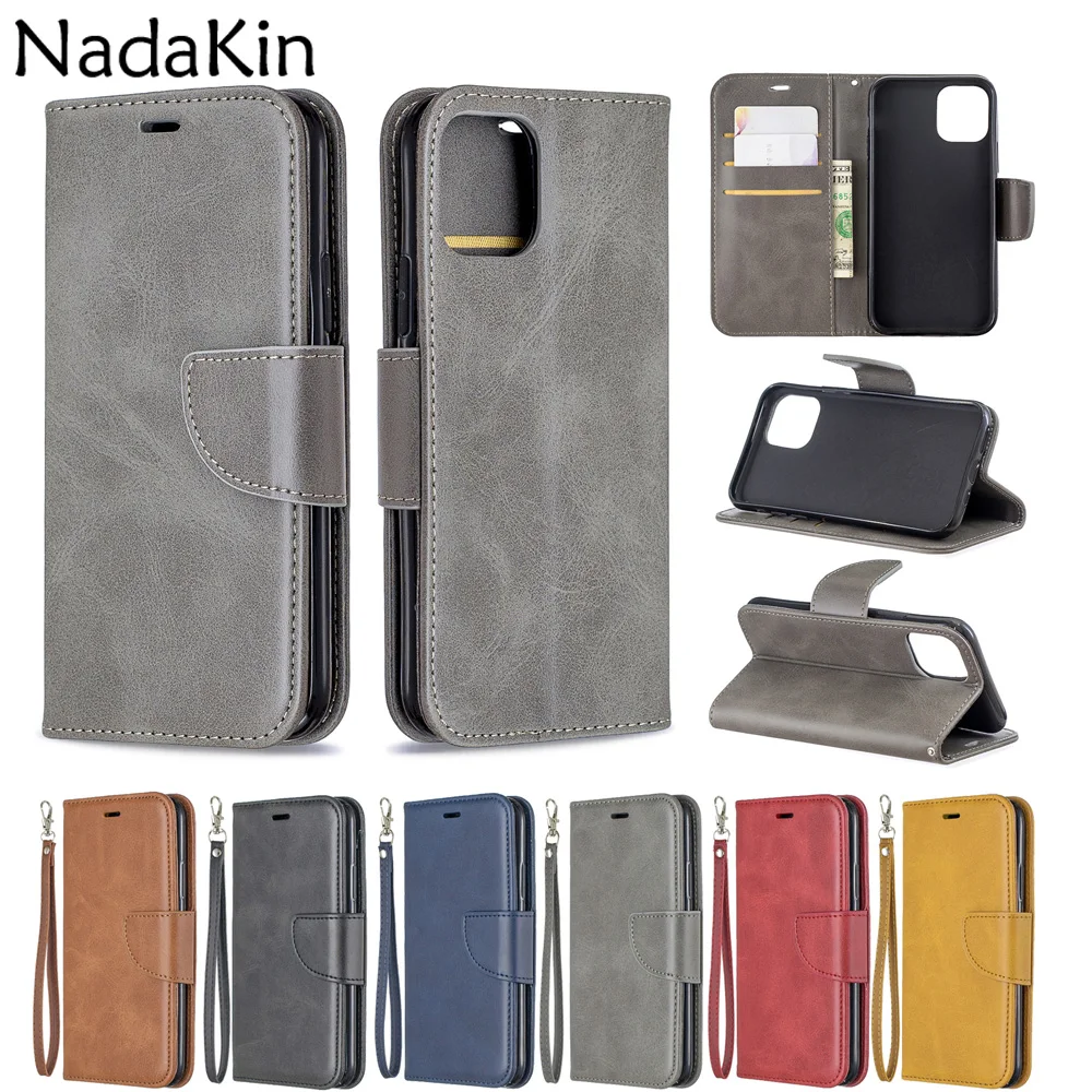 

Luxury Plain Leather Book Phone Case Cover for iPhone 11 Pro X XS MAX XR 6 6S 7 8 Plus 5 5S Flip Shell With Strap Card Pockets