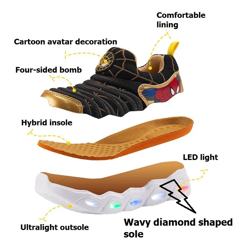 Детская спортивная обувь; Новинка года; кроссовки для девочек; детская обувь для мальчиков с рисунком гусеницы; обувь для малышей; кроссовки с светильник для мальчиков и девочек