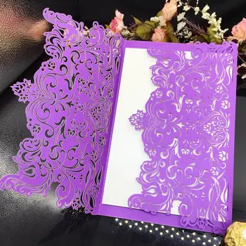 

50pcs purple Paper Laser Cut Wedding Invitation Card With Ribbon Personalized Wedding Decor Party Supplies