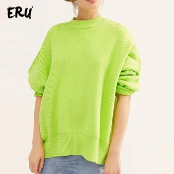 

ERU o neck long sleeve oversized sweater women winter 2019 streetwear casual green pull femme knitted sweaters mujer jumper