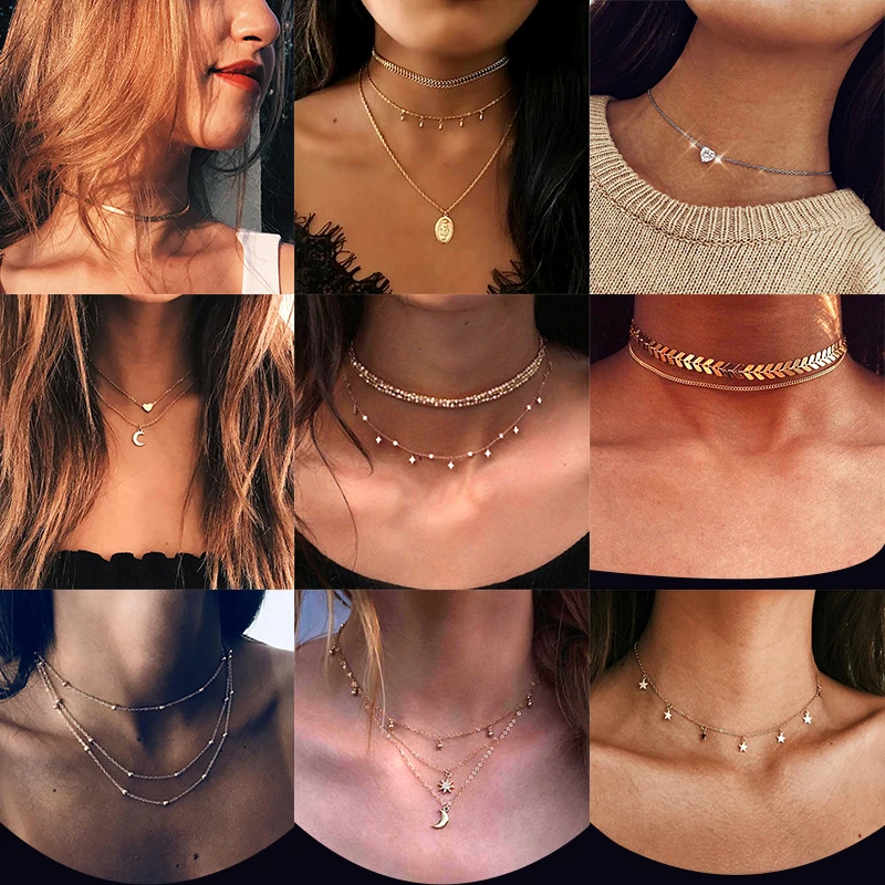 

New Boho Gold Heart Moon Choker Necklace Women Statement Crystal Pendant Chain Layered Chocker Accessories Jewelry Wholesale
