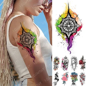

Waterproof Temporary Tattoo Sticker Rainbow Compass Mermaid Flash Tattoos Skull Family Tree Body Art Arm Fake Tatoo Women Men