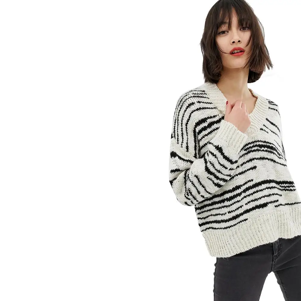Personality Minimalism V-neck Falling Shoulder Irregular Stripes Knitting Loose Long Sleeve Autumn Women Sweater | Женская одежда
