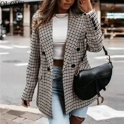 OLOME Fashion Women Plaid Blazer Spring Autumn Vintage Tweed Suits Jackets 2021 New Office Ladies Elegant Chic Slim Blazers