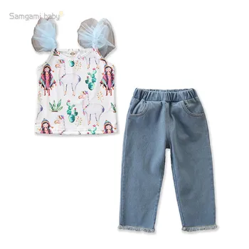 

2020 Children's Wear Girls' Summer Set Mesh Sling Girl Printed T + Jeans Set