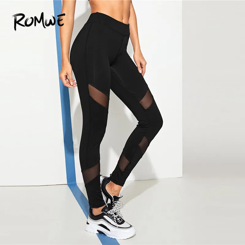 Romwe спортивные однотонные контрастные сетчатые леггинсы для спортзала черные штаны для йоги женские осенние спортивные бесшовные леггинсы с высокой талией штаны для тренировок